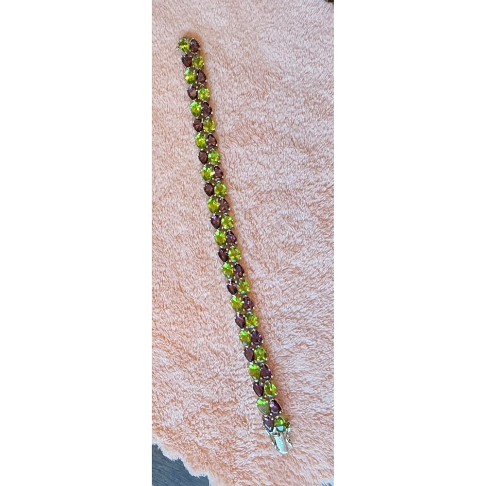 925 Sterling Silver Peridot Amethyst Pear Cut Gemstone Tennis Bracelet - Picture 2 of 3